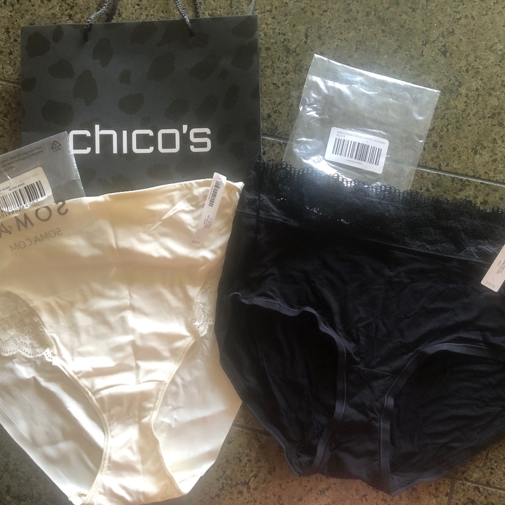 NWT Never opened Chico’s panties x2 black and Ivory size large